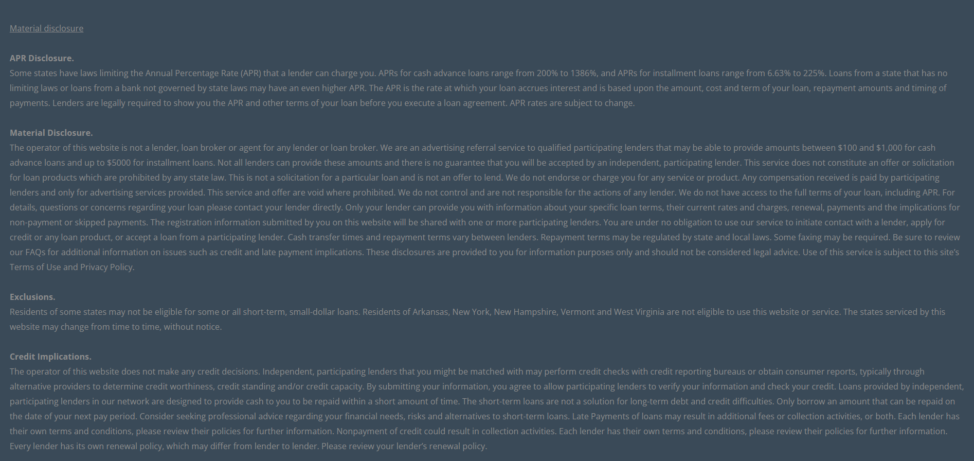 Material disclosure for payday loans in Fremont California